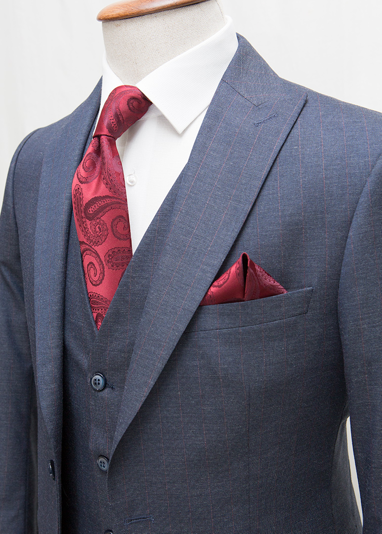 Maroon Striped Navy Fabric Vested Suit - Suits (Middleist)